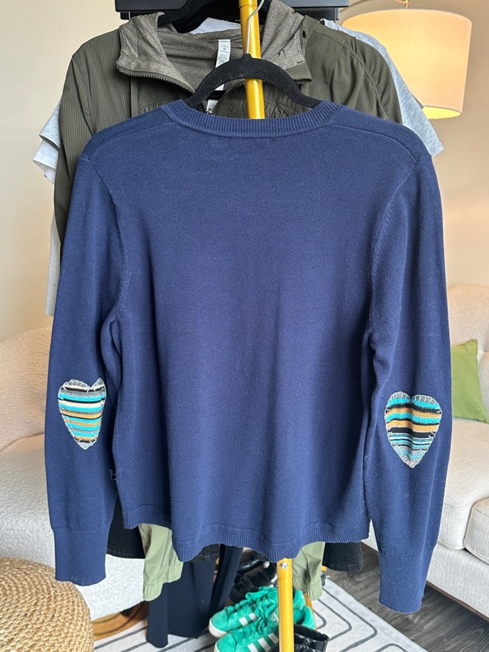 Lisa Todd Navy Cotton Sweater with Striped Heart Elbow Patches